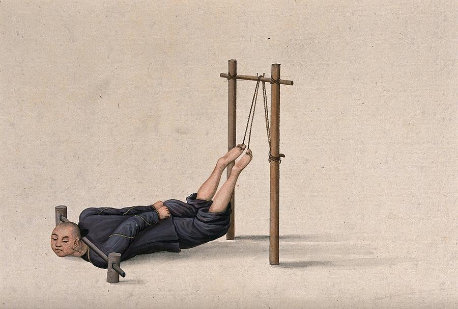 A Chinese man confined to a contraption which ties his legs on to a wooden gallows whilst pinning hi Painting by Artistic Rifki