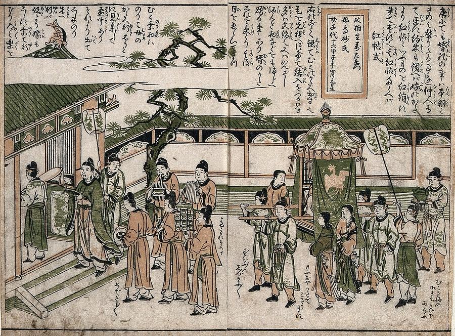 A Chinese wedding the bride is carried to her new home. Colour woodcut by Shigemasa, ca. 1810 Painting by Artistic Rifki