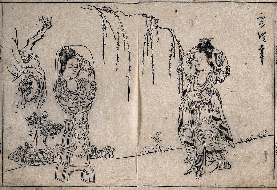A Chinese woman in a garden dressing her hair in a mirror on an elaborate stand. Woodcut attributed  Painting by Artistic Rifki