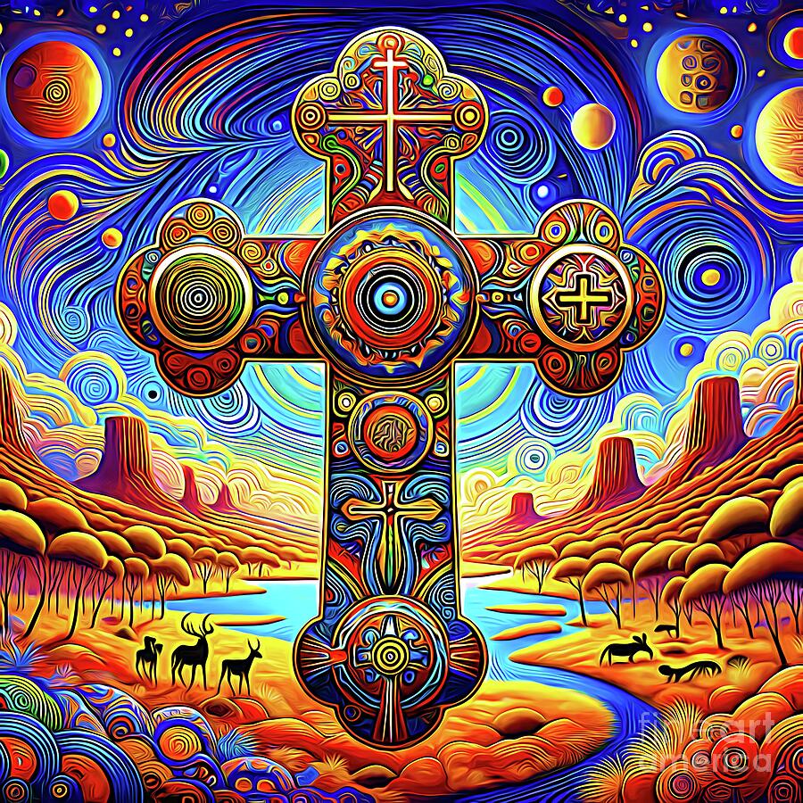 A Christian Cross with Intricate Aboriginal Patterns and Dreamtime Inspired Landscapes Expressionist Digital Art by Rose Santuci-Sofranko
