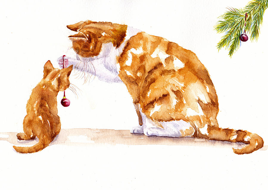 A Christmas Lesson Mother and Kitten Painting by Debra Hall
