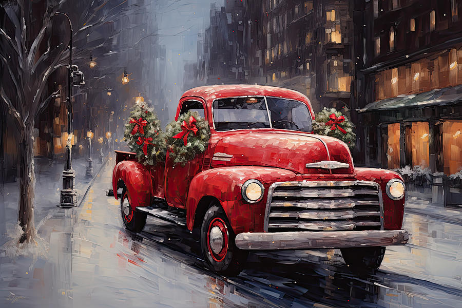 A Christmas Tradition - The Iconic Red Truck in Downtown Chicago Painting by Lourry Legarde