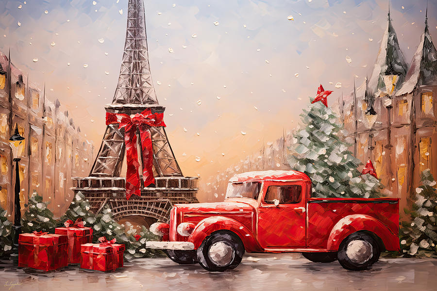A Christmas Truck In Front Of The Eiffel Tower Painting