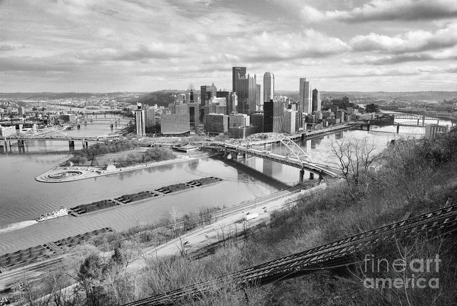 A Coal Barge Moving Through Pittsburgh Black And White Photograph by Adam Jewell