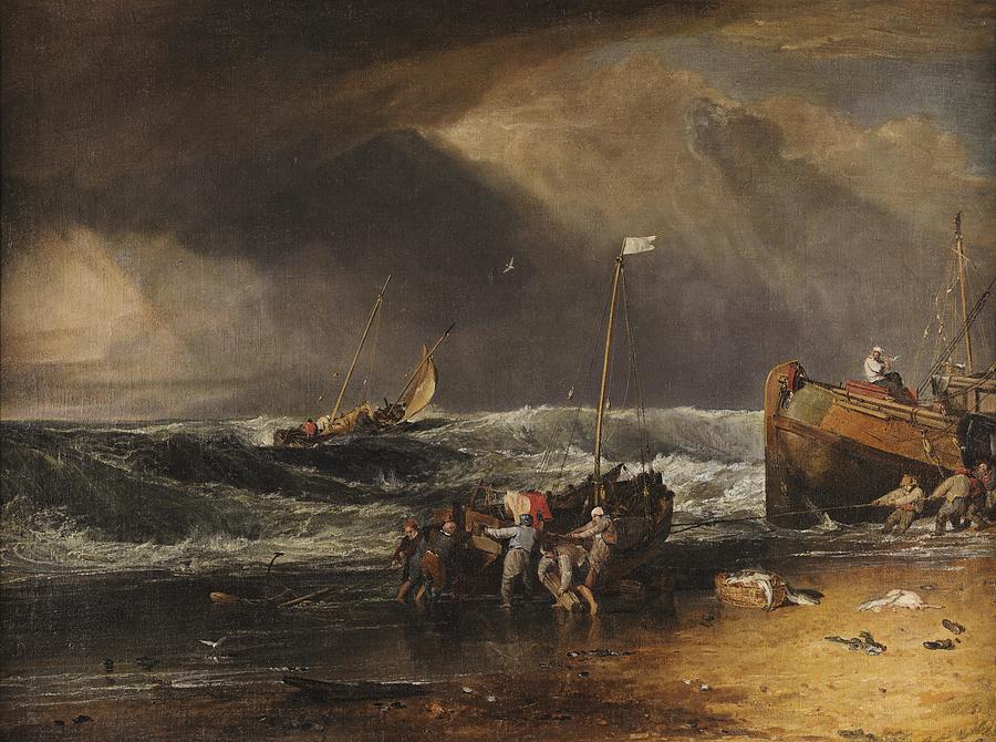 Boat Painting - A Coast Scene with Fishermen Hauling a Boat Ashore  by J  M  W  Turner