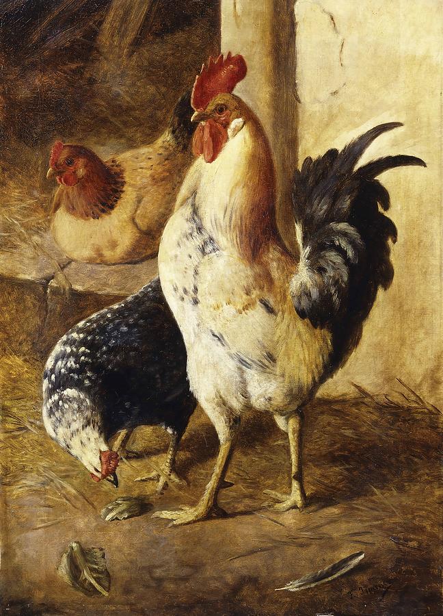 Chicken Painting - A Cockerel and Chickens in a Farmyard  by Federico Jimenez Fernandez