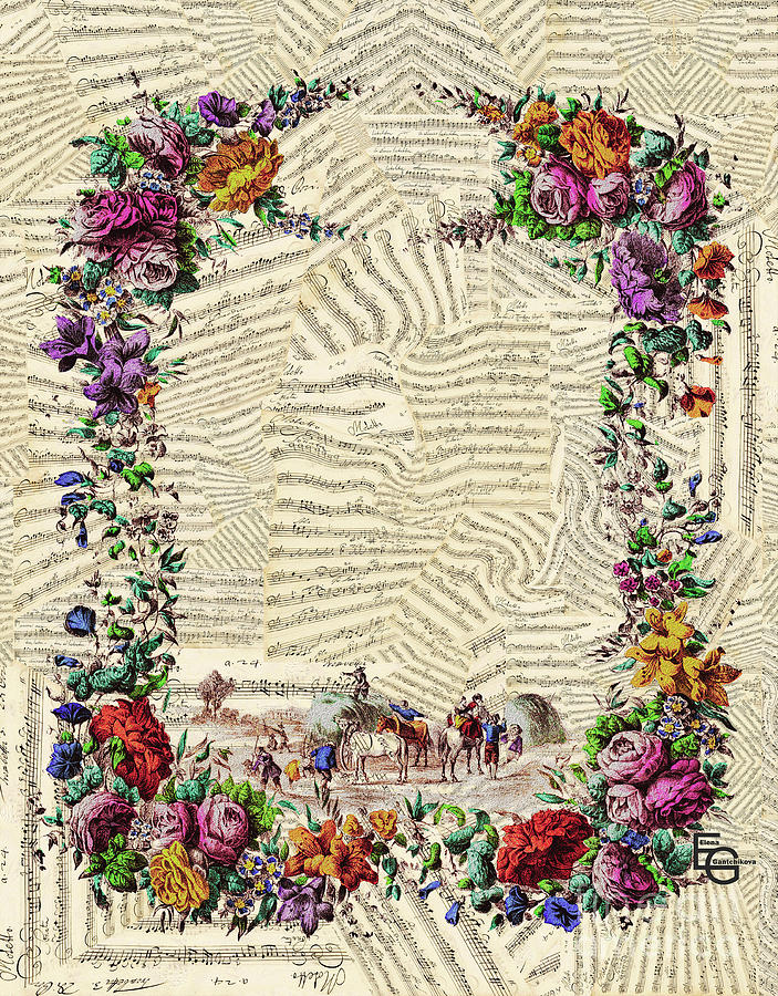 A collage of music manuscripts in 3D in a frame of a floral wrea Mixed Media by Elena Gantchikova