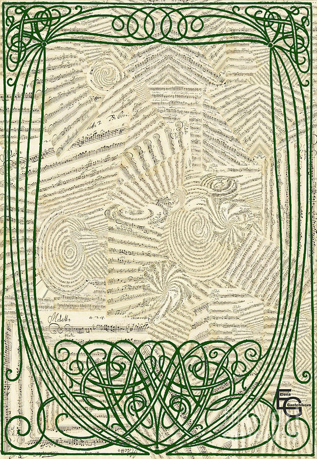 A collage of music manuscripts score a green frame Art Nouveau, Belle Epoque Arts and Crafts Modern Mixed Media by Elena Gantchikova