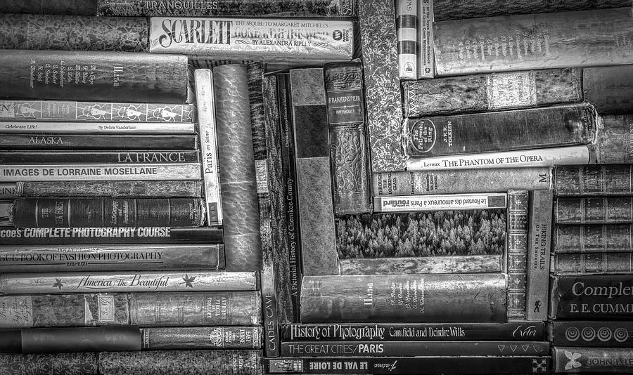 A Collection of Books in Black and White Photograph by Debra and Dave Vanderlaan