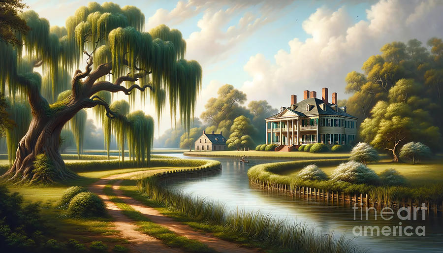 Nature Painting - A colonial-era plantation in the American South, with weeping willows and a river. by Jeff Creation