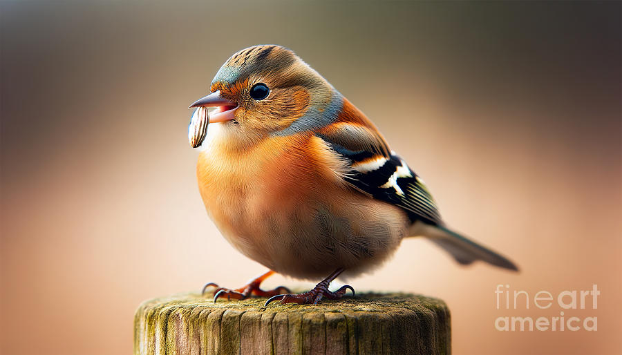 A colorful chaffinch bird perched on a wooden post, holding a sunflower Digital Art by Odon Czintos