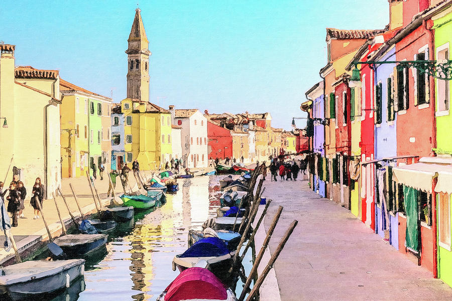 A Colorful Painting Of A Romantic Burano Waterway On A Sunny Day Painting