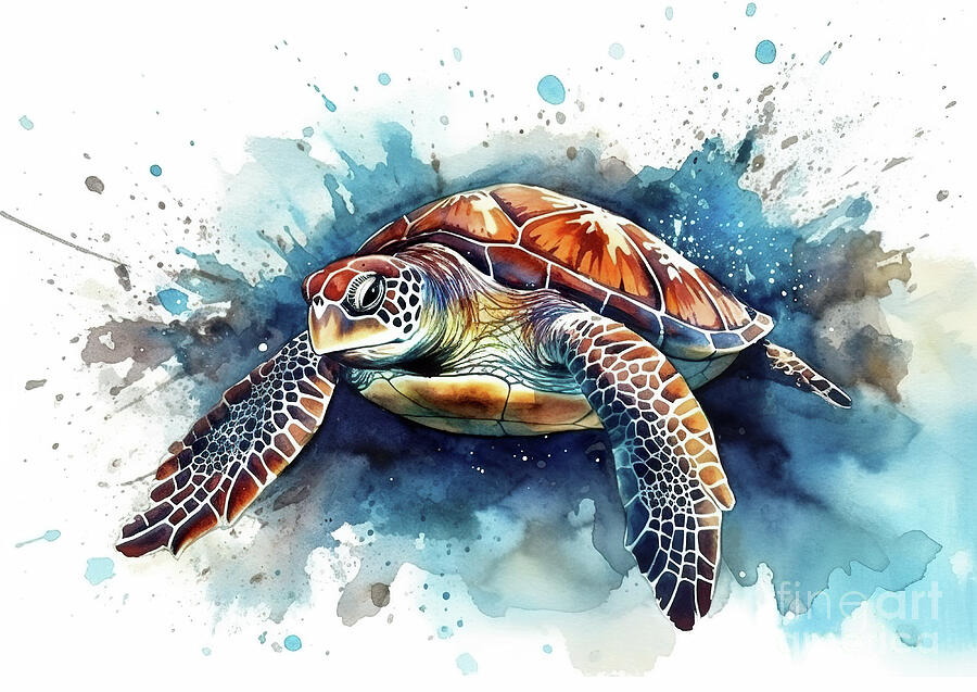 Wildlife Digital Art - A colorful sea turtle is depicted amidst shades of blue, suggesting an underwater by Odon Czintos