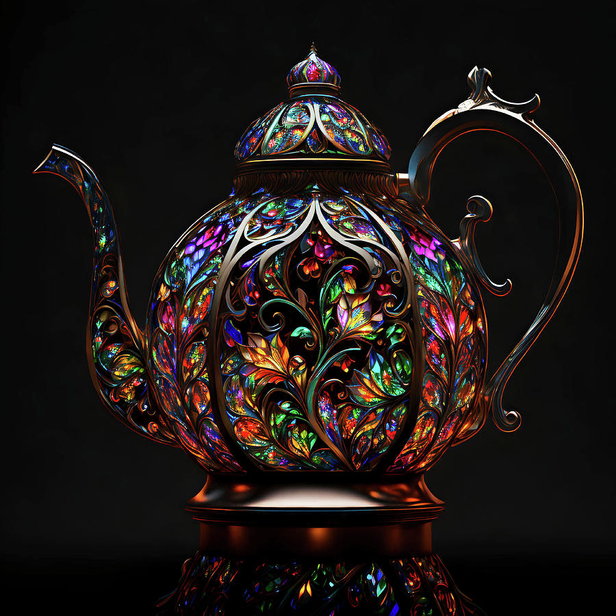 Teapot Digital Art - A Colorful Teapot - Stained Glass by Peggy Collins