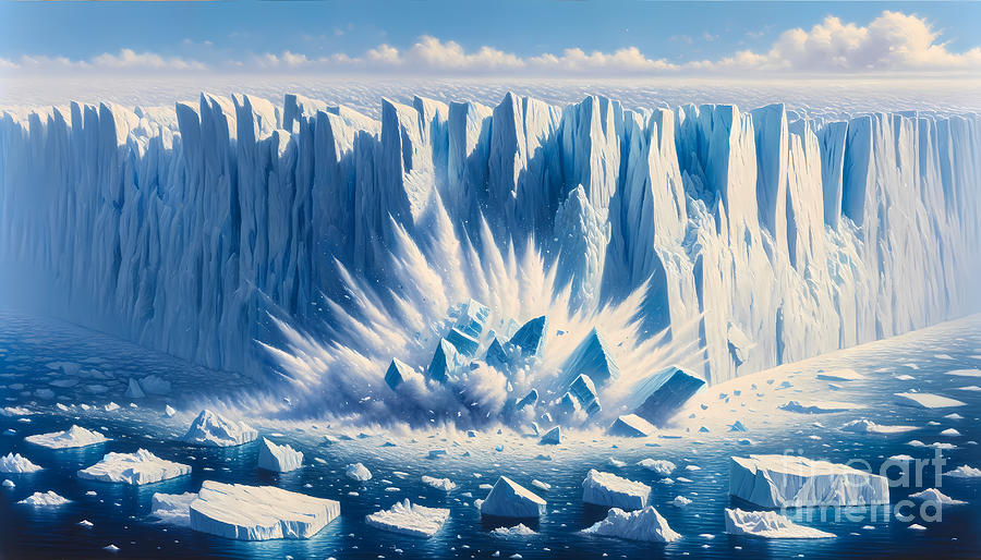 Glacier Painting - A colossal glacier calving into the ocean with icebergs floating around by Jeff Creation