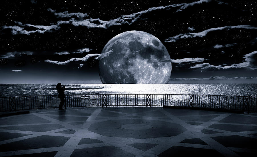 A computer generated image of a Super Moon over the Mediterranean. Balcon de Europa, Nerja, Malaga Photograph by Panoramic Images