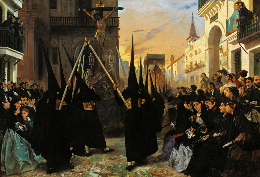 Easter Painting - A Confraternity in Procession along the Calle Genova, Seville by Alfred Dehodencq