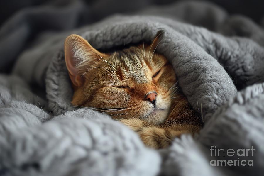 A contented cat peacefully sleeps on top of a warm blanket placed on a comfortable bed. Photograph by Joaquin Corbalan