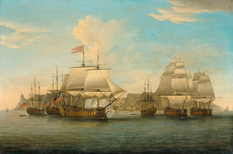 A convoy of East Indiamen off Jamestown, St. Helena, signalling its departure for China Painting by Dominic Serres