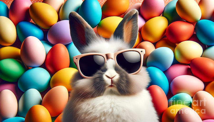 A cool rabbit wearing sunglasses sits in front of a colorful background of Easter eggs Digital Art by Odon Czintos