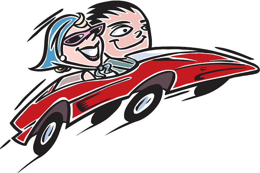 A couple going for a spin in a red sports car Drawing by Paul Gilligan