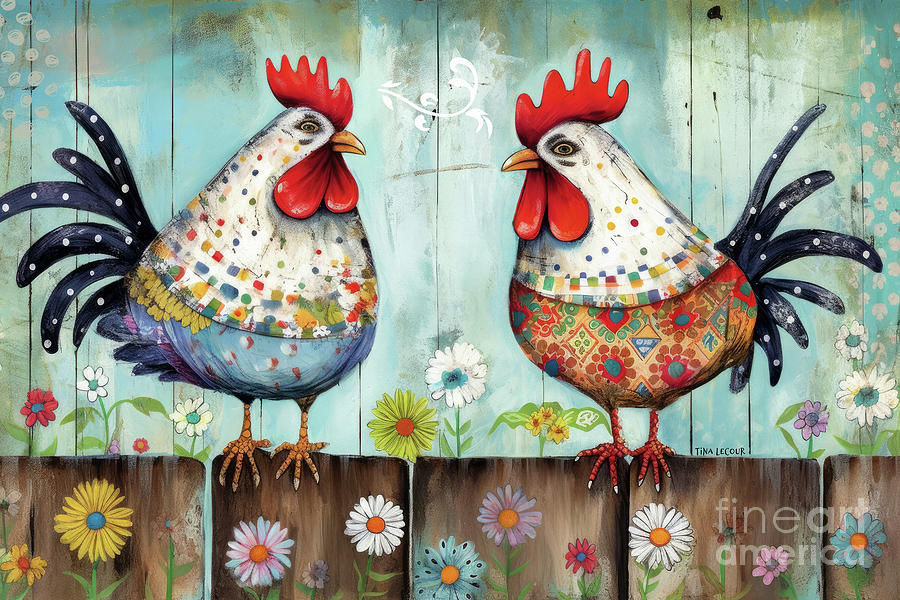 Chicken Painting - A Couple Of Country Chicks by Tina LeCour