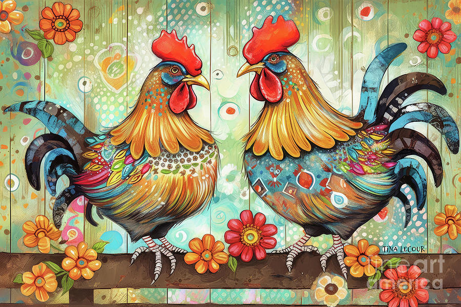 A Couple Of Country Roosters Painting by Tina LeCour
