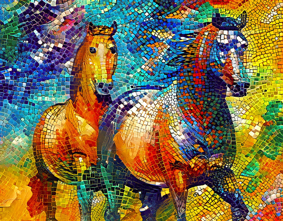 A couple of horses walking - colorful mosaic Digital Art by Nicko Prints