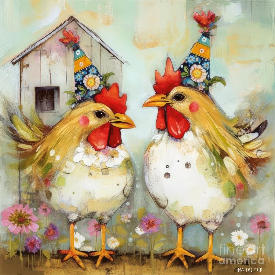 Chicken Painting - A Couple Of Party Chicks by Tina LeCour
