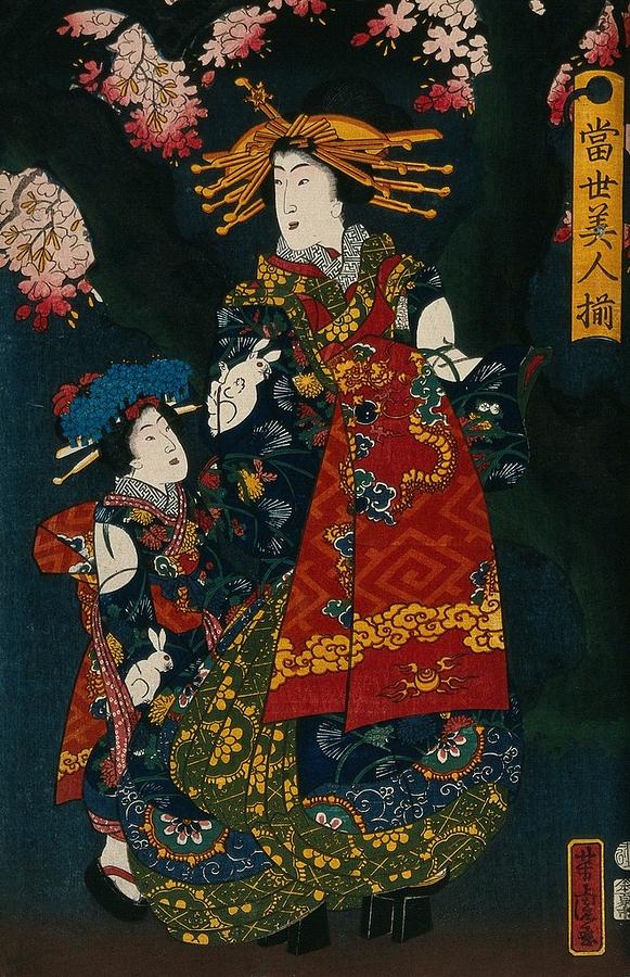 A courtesan promenading under cherry trees of the Yoshiwara, accompanied by her child attendant. Col Painting by Artistic Rifki