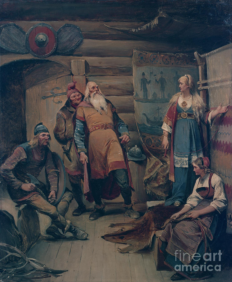 A courting messenger from the Viking Harald Harfagre to Gyda, 1860 Drawing by O Vaering by Nils Bergslien