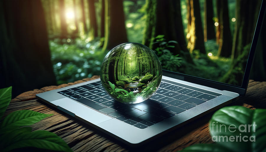 A crystal ball on a laptop keyboard showcases a vibrant forest Digital Art by Odon Czintos