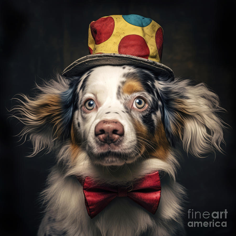 A cute and dapper pup in a stylish clown hat and bow tie. Nostalgic retro style with dark background. Digital Art by Jane Rix