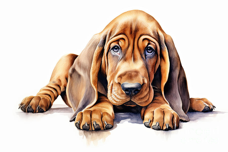 A cute bloodhound puppy on white background. Digital watercolour. Digital Art by Jane Rix
