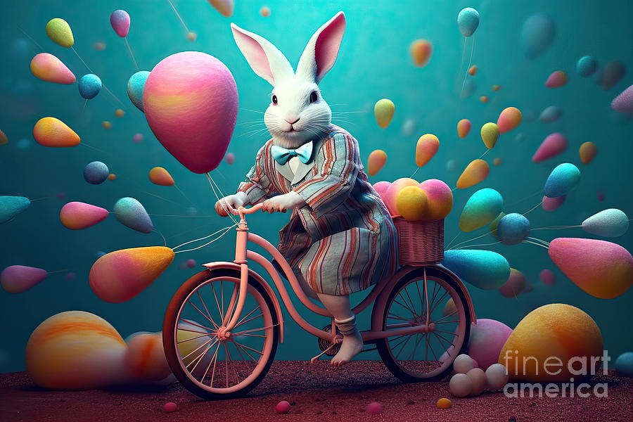 Easter Painting - A cute cheerful rabbit holds an egg and rides a bicycle on the o by N Akkash