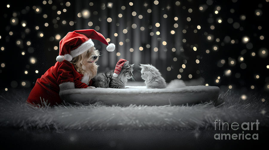 A cute dog and two cats in front of a festive background Digital Art by Odon Czintos