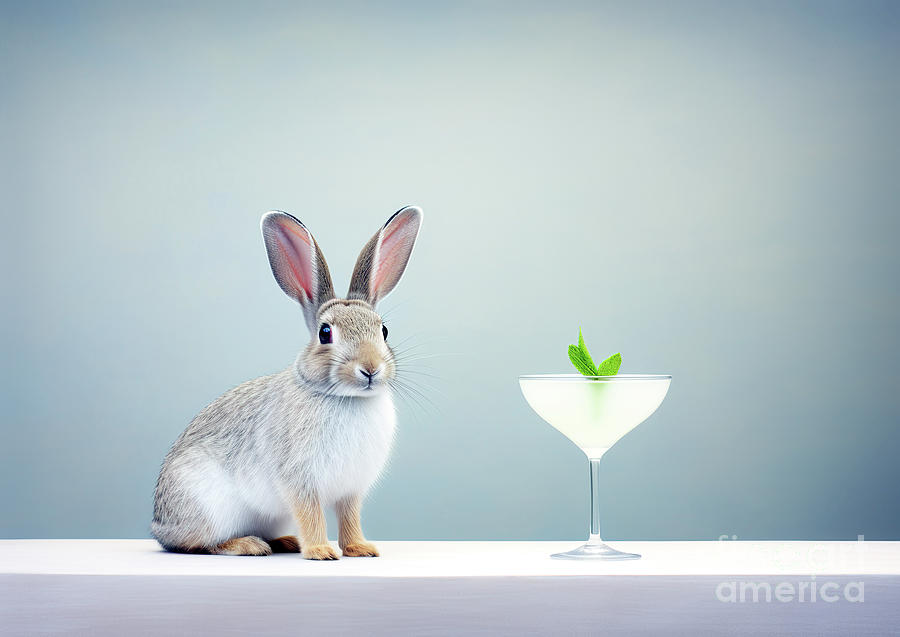 A cute gray bunny and a glass of cocktail. Digital Art by Odon Czintos