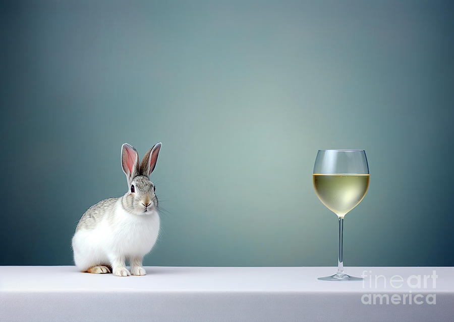 A cute gray bunny and a glass of white wine. Digital Art by Odon Czintos