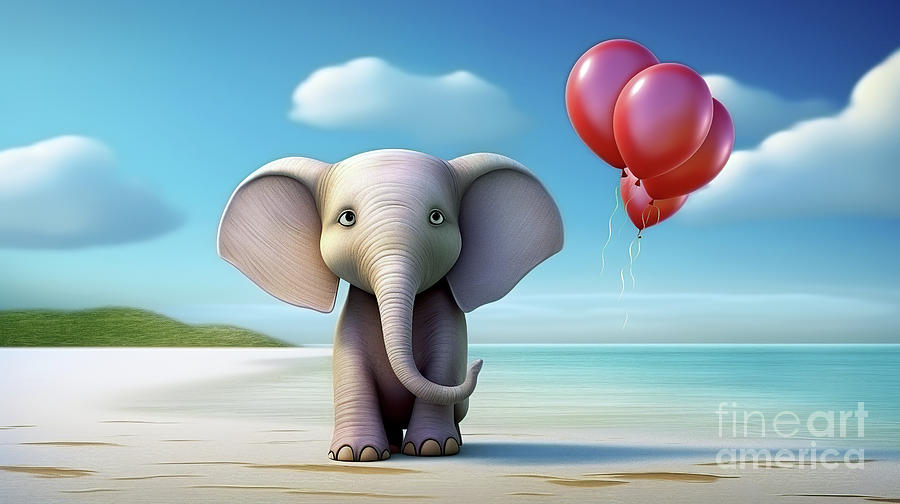 A cute grey elephant strolls along the beach with a background of blue sky, clouds, and red balloons Digital Art by Odon Czintos