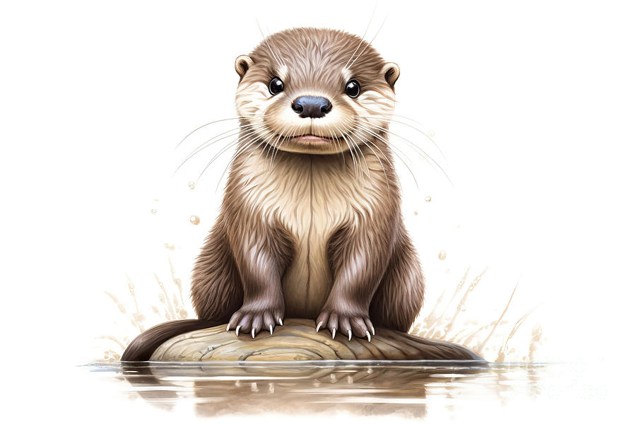 Wildlife Painting - A cute otter with black eyes sits on white background isolate AI by N Akkash