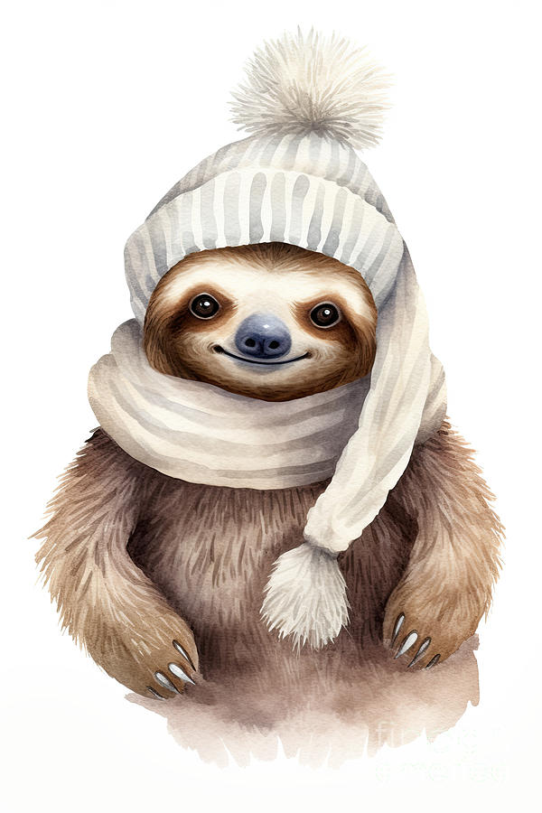 A cute sloth wearing a knitted hat and scarf. Winter, Christmas themed watercolour on white Digital Art by Jane Rix