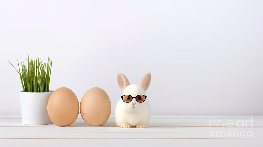 A cute white bunny with sunglasses and eggs in front of an isolated background. Digital Art by Odon Czintos