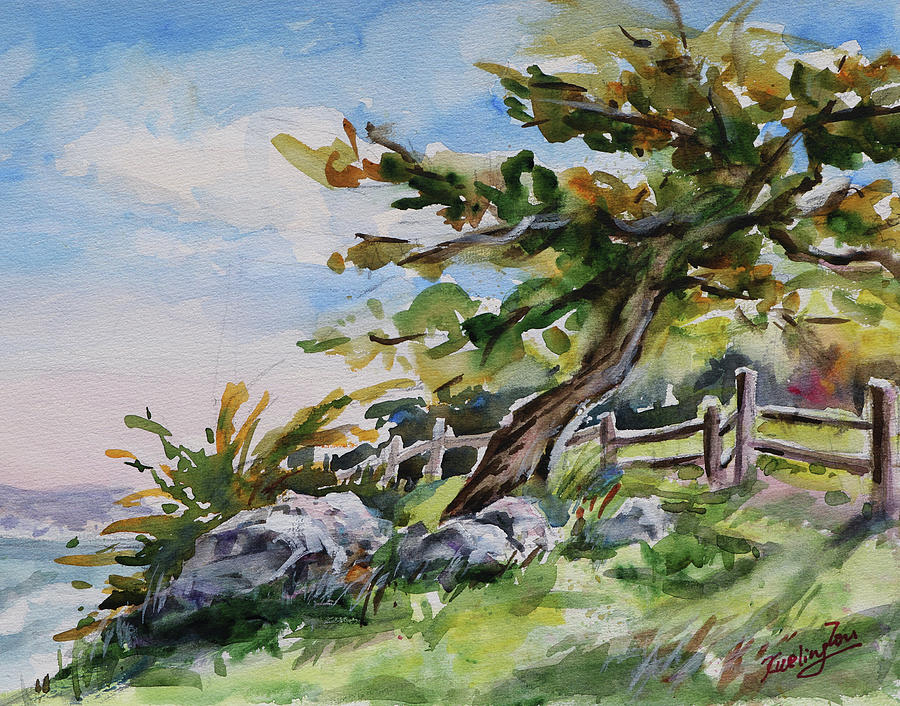 California Coastal Cypress Tree Painting by Xueling Zou