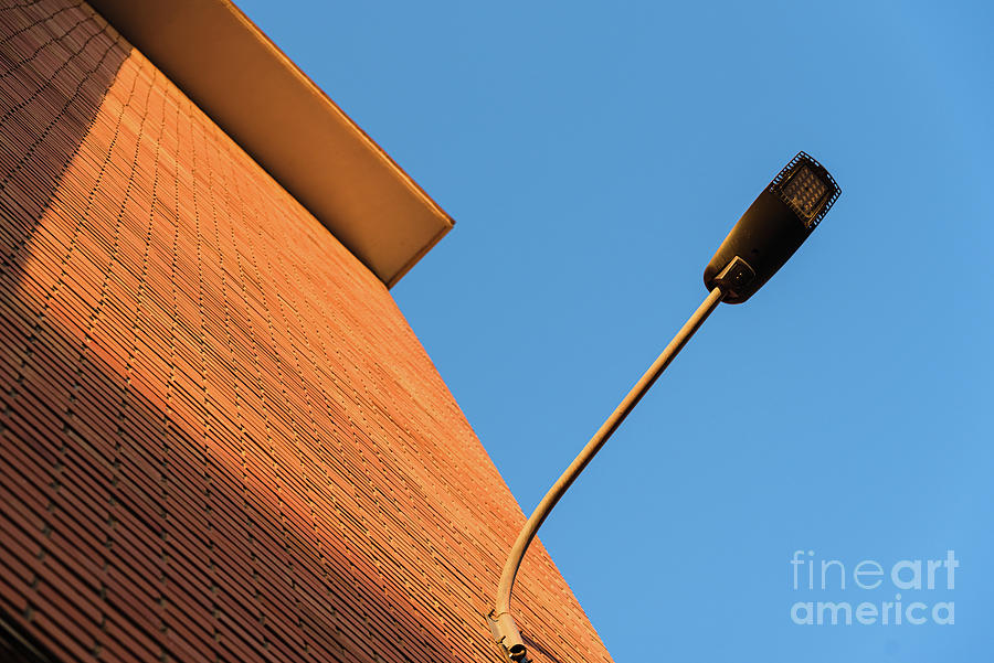 A Deep Red Brick Wall Supports A Lamppost, Contrasting And Brigh Photograph