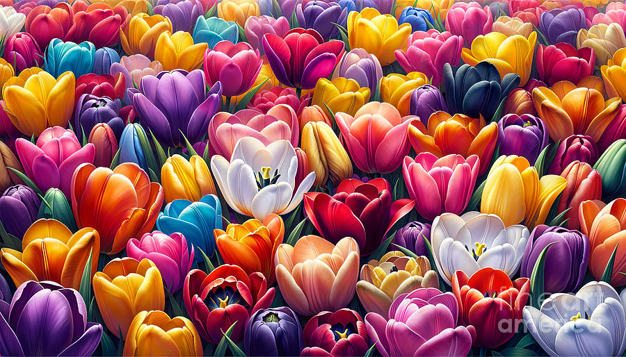A dense and colorful array of tulips in full bloom Digital Art by Odon Czintos