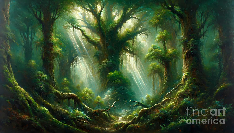 Tree Painting - A dense, mystical forest with rays of sunlight piercing through the canopy by Jeff Creation