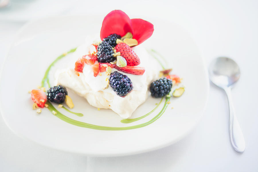 A dessert on a white plate with berries and garnish Photograph by Robb Reece
