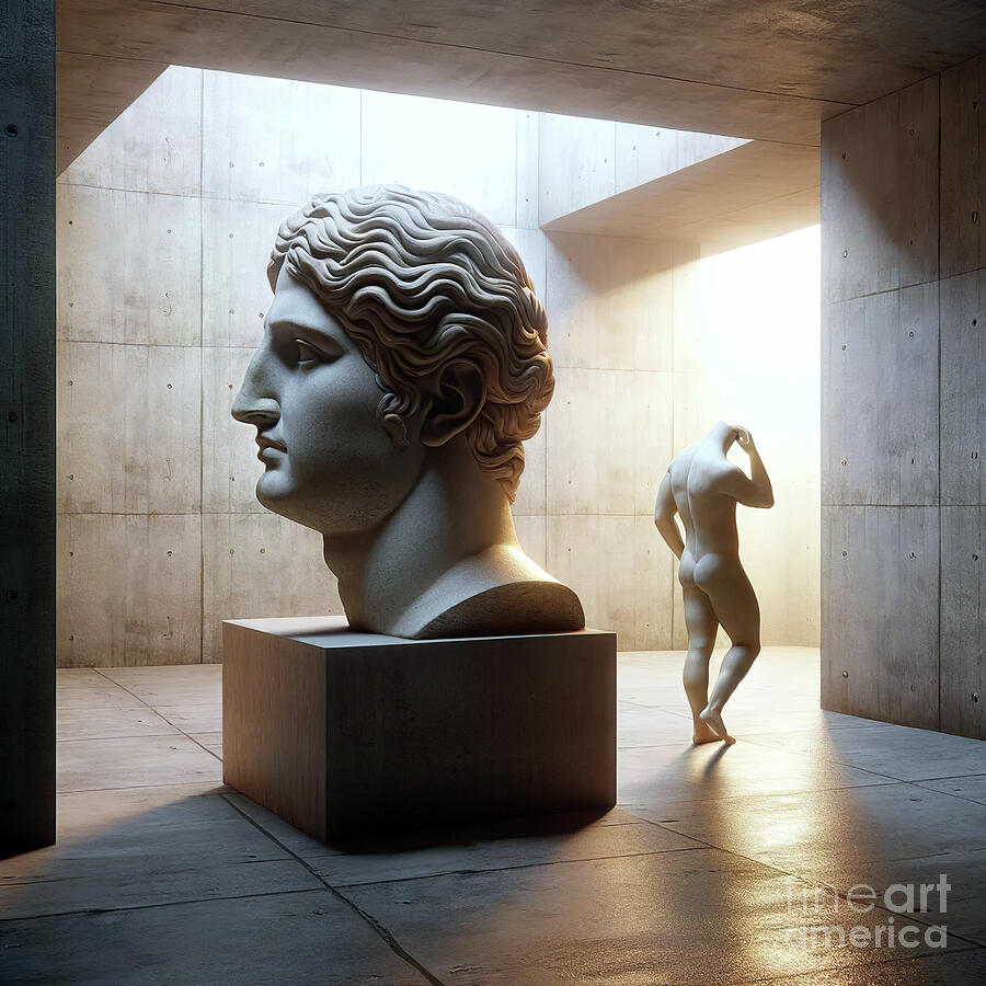 A detailed sculpture of a classical head stands on a cube pedestal in a modern concrete architectura Digital Art by Odon Czintos