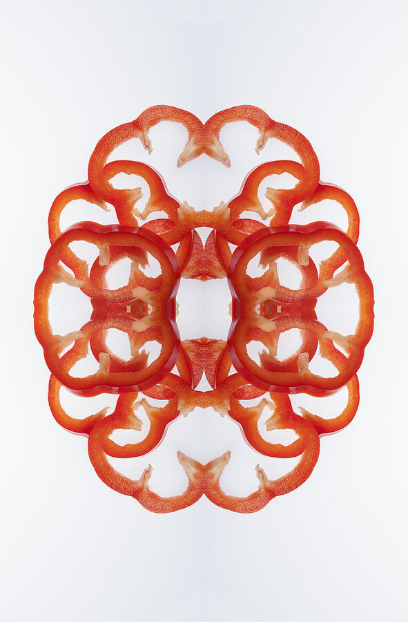 A digital composite of mirrored images of slices of red bell pepper Photograph by Larry Washburn
