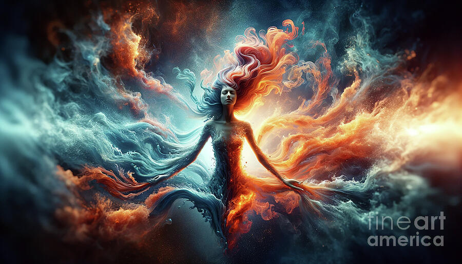 A digital painting of a mythic figure embodying both fire and water elements Digital Art by Odon Czintos